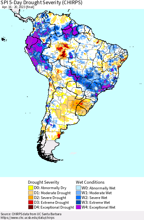 South America SPI 5-Day Drought Severity (CHIRPS) Thematic Map For 4/16/2023 - 4/20/2023