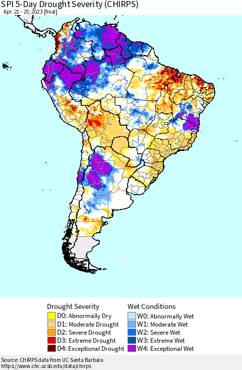 South America SPI 5-Day Drought Severity (CHIRPS) Thematic Map For 4/21/2023 - 4/25/2023