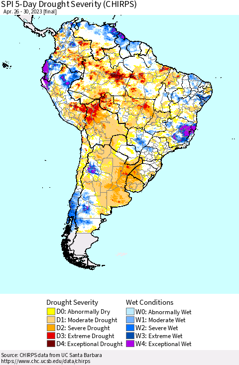 South America SPI 5-Day Drought Severity (CHIRPS) Thematic Map For 4/26/2023 - 4/30/2023