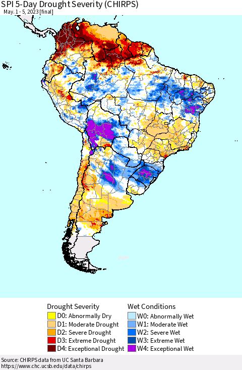 South America SPI 5-Day Drought Severity (CHIRPS) Thematic Map For 5/1/2023 - 5/5/2023