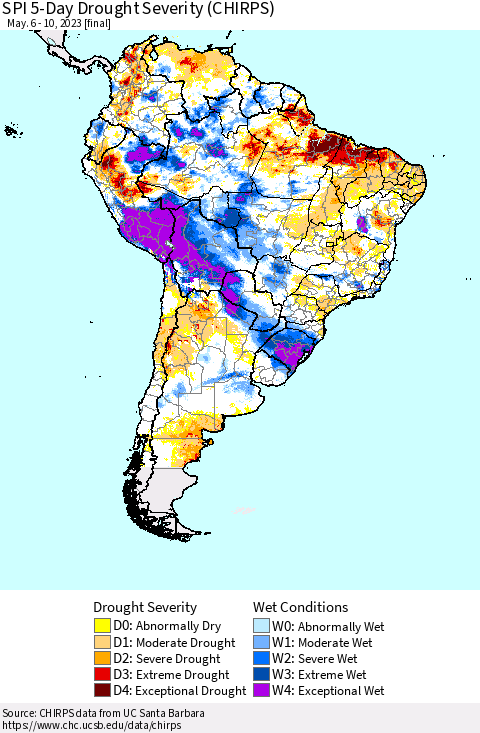 South America SPI 5-Day Drought Severity (CHIRPS) Thematic Map For 5/6/2023 - 5/10/2023