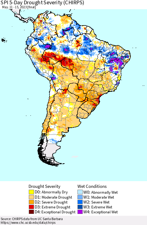 South America SPI 5-Day Drought Severity (CHIRPS) Thematic Map For 5/11/2023 - 5/15/2023