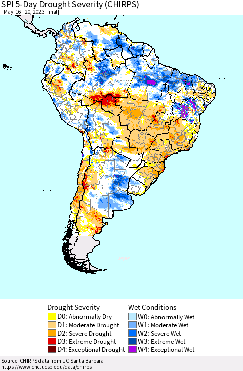 South America SPI 5-Day Drought Severity (CHIRPS) Thematic Map For 5/16/2023 - 5/20/2023