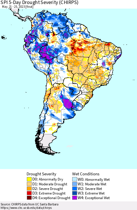 South America SPI 5-Day Drought Severity (CHIRPS) Thematic Map For 5/21/2023 - 5/25/2023