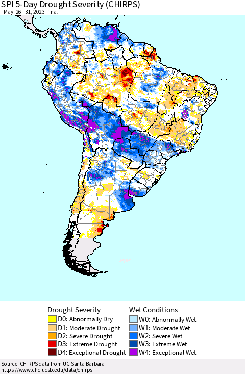 South America SPI 5-Day Drought Severity (CHIRPS) Thematic Map For 5/26/2023 - 5/31/2023