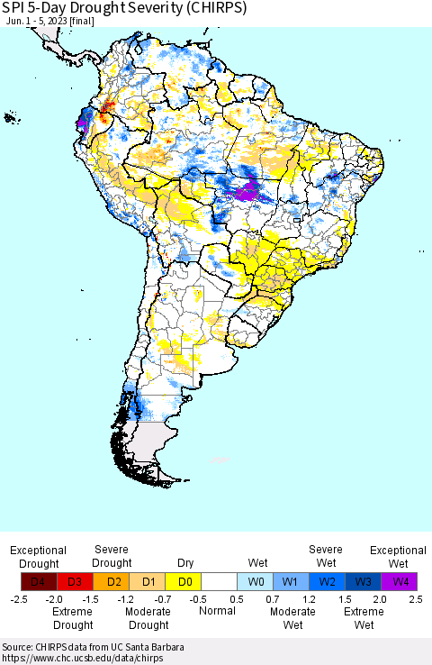 South America SPI 5-Day Drought Severity (CHIRPS) Thematic Map For 6/1/2023 - 6/5/2023
