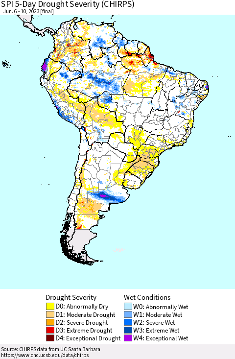 South America SPI 5-Day Drought Severity (CHIRPS) Thematic Map For 6/6/2023 - 6/10/2023