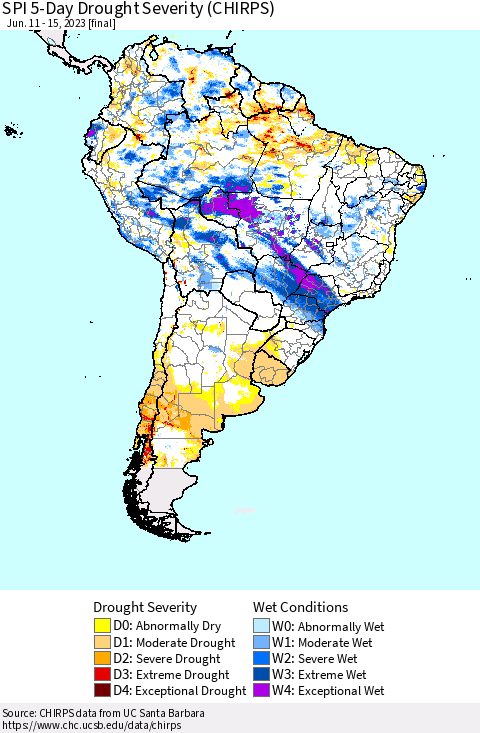 South America SPI 5-Day Drought Severity (CHIRPS) Thematic Map For 6/11/2023 - 6/15/2023