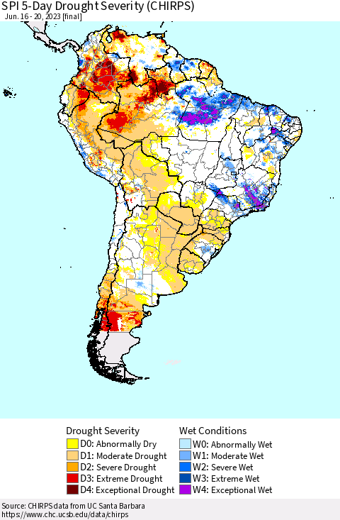 South America SPI 5-Day Drought Severity (CHIRPS) Thematic Map For 6/16/2023 - 6/20/2023
