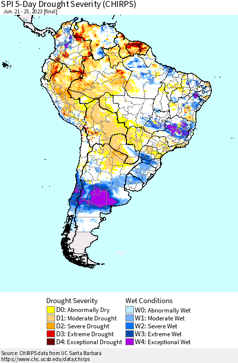 South America SPI 5-Day Drought Severity (CHIRPS) Thematic Map For 6/21/2023 - 6/25/2023