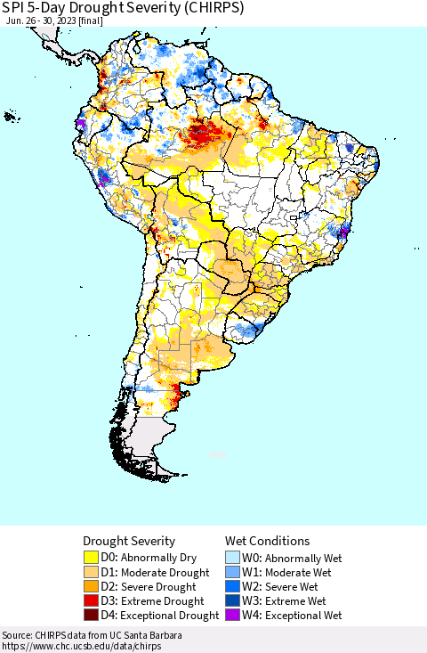 South America SPI 5-Day Drought Severity (CHIRPS) Thematic Map For 6/26/2023 - 6/30/2023