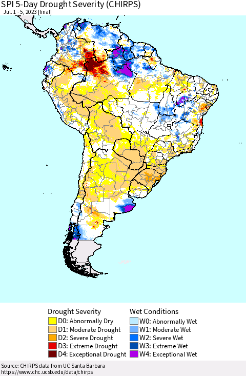 South America SPI 5-Day Drought Severity (CHIRPS) Thematic Map For 7/1/2023 - 7/5/2023