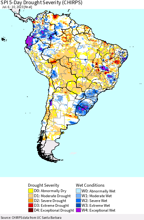 South America SPI 5-Day Drought Severity (CHIRPS) Thematic Map For 7/6/2023 - 7/10/2023