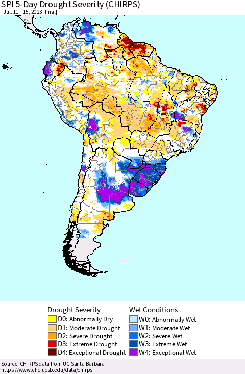 South America SPI 5-Day Drought Severity (CHIRPS) Thematic Map For 7/11/2023 - 7/15/2023