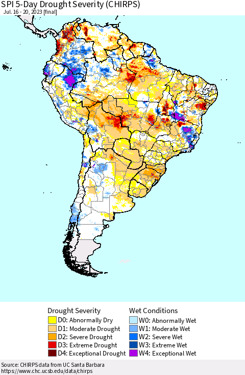 South America SPI 5-Day Drought Severity (CHIRPS) Thematic Map For 7/16/2023 - 7/20/2023