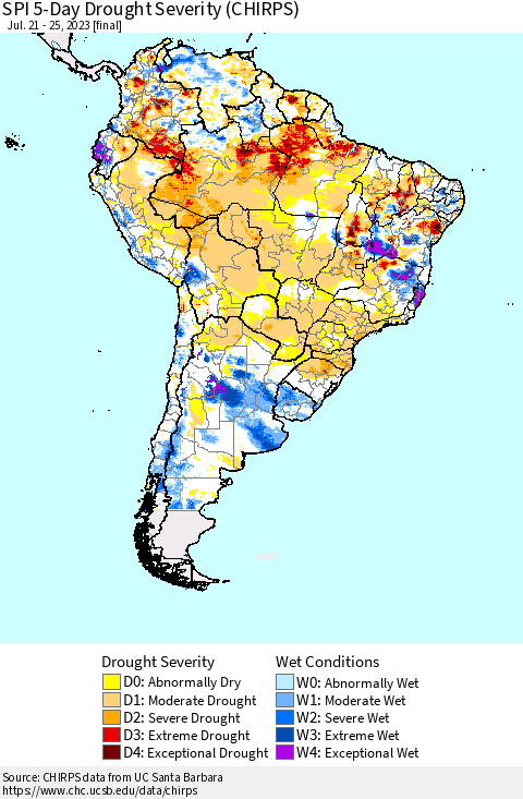 South America SPI 5-Day Drought Severity (CHIRPS) Thematic Map For 7/21/2023 - 7/25/2023
