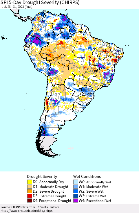 South America SPI 5-Day Drought Severity (CHIRPS) Thematic Map For 7/26/2023 - 7/31/2023
