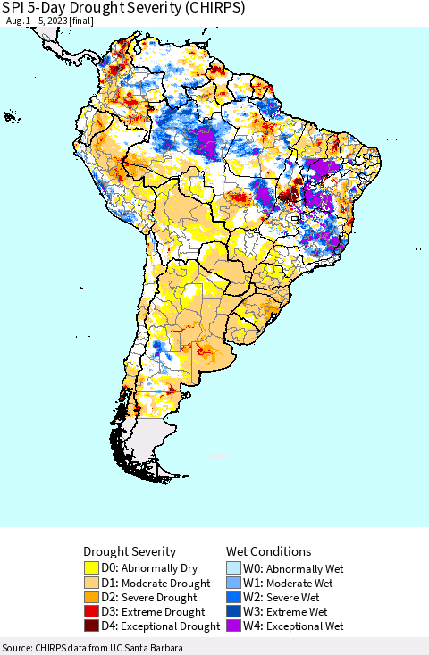 South America SPI 5-Day Drought Severity (CHIRPS) Thematic Map For 8/1/2023 - 8/5/2023