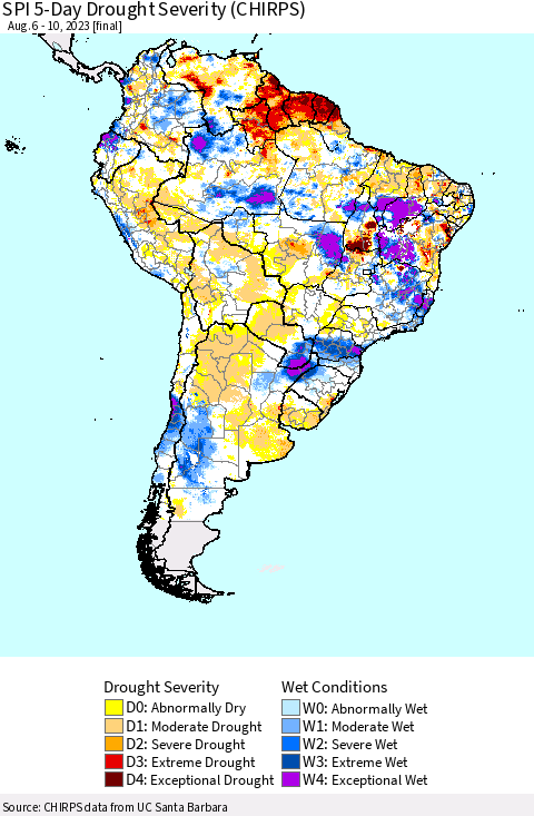 South America SPI 5-Day Drought Severity (CHIRPS) Thematic Map For 8/6/2023 - 8/10/2023
