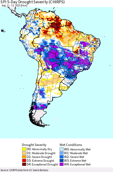 South America SPI 5-Day Drought Severity (CHIRPS) Thematic Map For 8/11/2023 - 8/15/2023