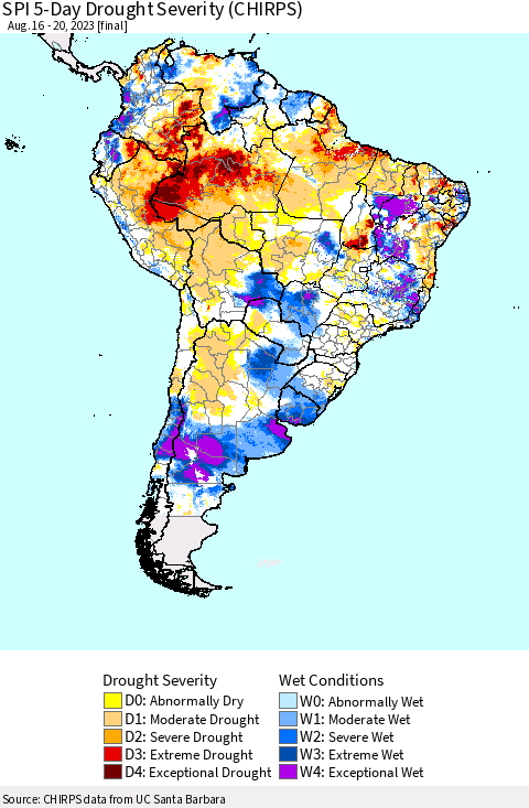 South America SPI 5-Day Drought Severity (CHIRPS) Thematic Map For 8/16/2023 - 8/20/2023