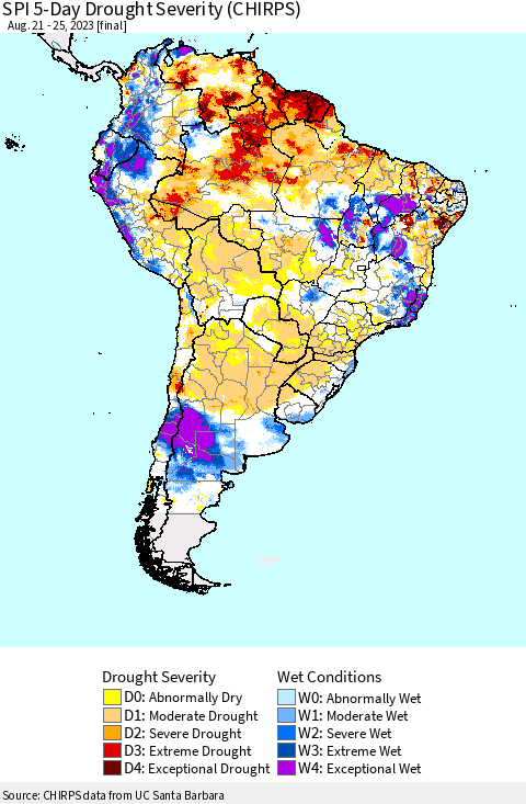 South America SPI 5-Day Drought Severity (CHIRPS) Thematic Map For 8/21/2023 - 8/25/2023