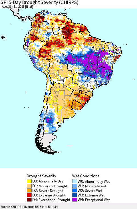South America SPI 5-Day Drought Severity (CHIRPS) Thematic Map For 8/26/2023 - 8/31/2023