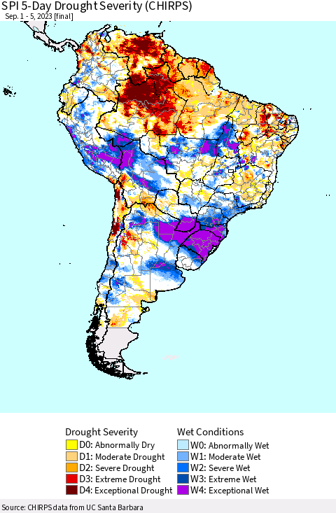 South America SPI 5-Day Drought Severity (CHIRPS) Thematic Map For 9/1/2023 - 9/5/2023