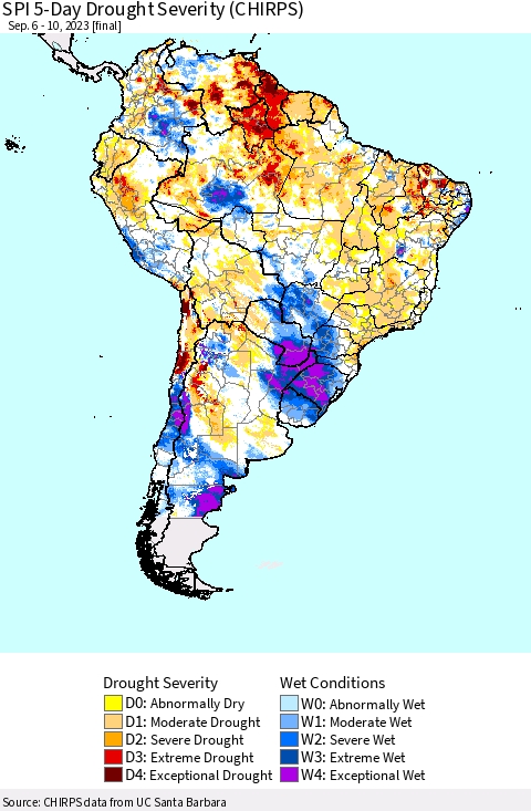 South America SPI 5-Day Drought Severity (CHIRPS) Thematic Map For 9/6/2023 - 9/10/2023