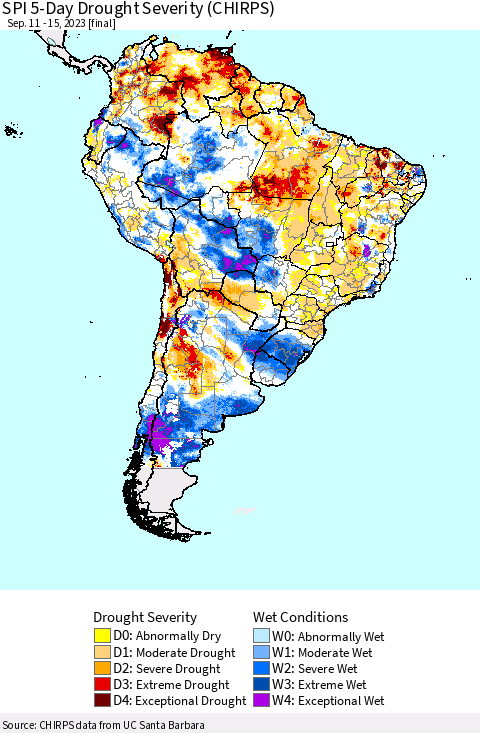 South America SPI 5-Day Drought Severity (CHIRPS) Thematic Map For 9/11/2023 - 9/15/2023
