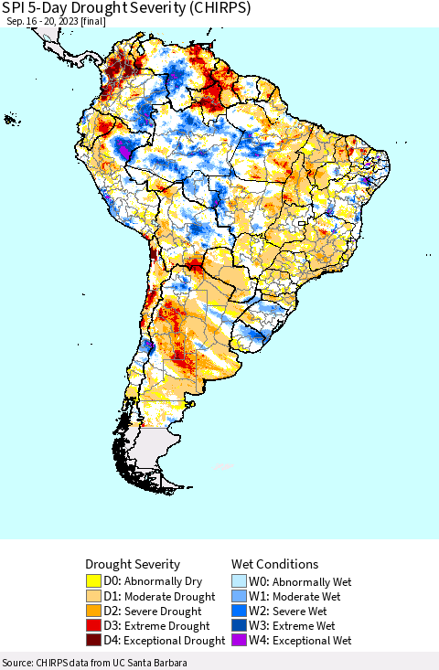 South America SPI 5-Day Drought Severity (CHIRPS) Thematic Map For 9/16/2023 - 9/20/2023
