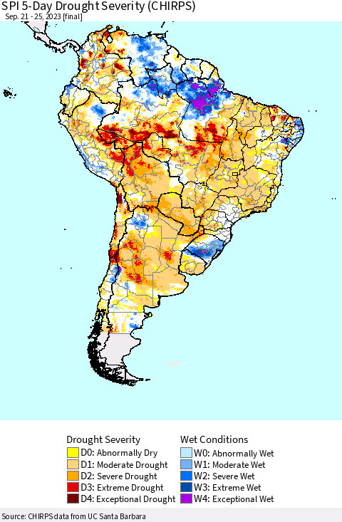 South America SPI 5-Day Drought Severity (CHIRPS) Thematic Map For 9/21/2023 - 9/25/2023