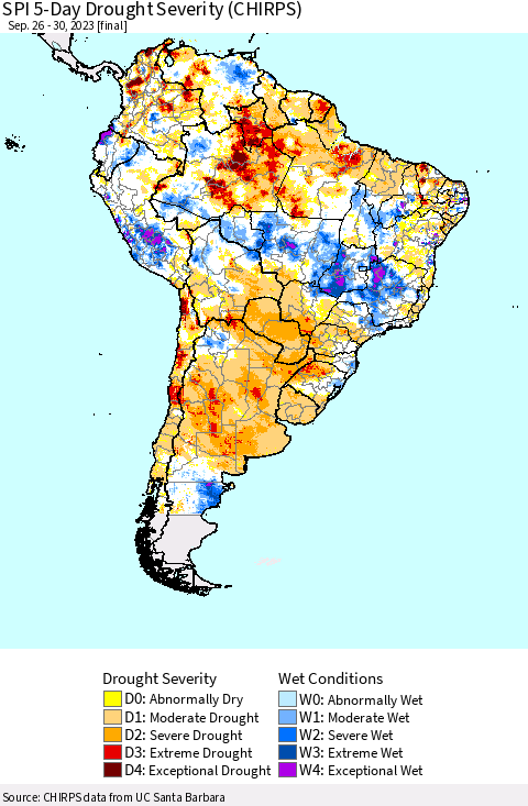 South America SPI 5-Day Drought Severity (CHIRPS) Thematic Map For 9/26/2023 - 9/30/2023