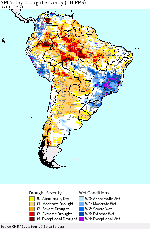 South America SPI 5-Day Drought Severity (CHIRPS) Thematic Map For 10/1/2023 - 10/5/2023