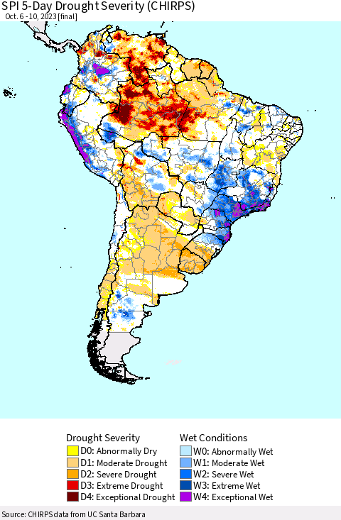 South America SPI 5-Day Drought Severity (CHIRPS) Thematic Map For 10/6/2023 - 10/10/2023