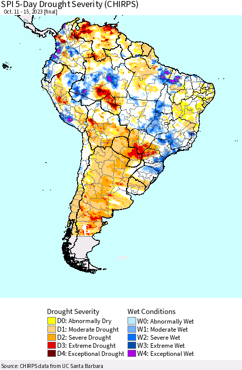 South America SPI 5-Day Drought Severity (CHIRPS) Thematic Map For 10/11/2023 - 10/15/2023