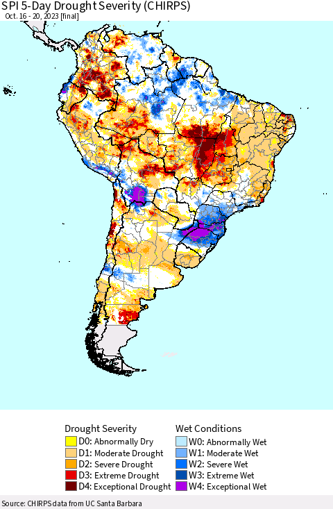 South America SPI 5-Day Drought Severity (CHIRPS) Thematic Map For 10/16/2023 - 10/20/2023