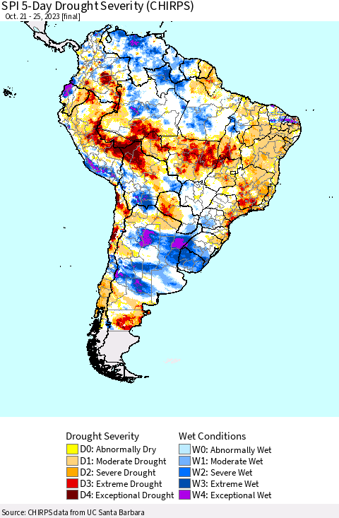 South America SPI 5-Day Drought Severity (CHIRPS) Thematic Map For 10/21/2023 - 10/25/2023
