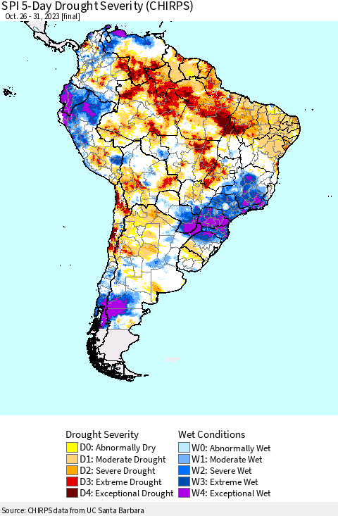 South America SPI 5-Day Drought Severity (CHIRPS) Thematic Map For 10/26/2023 - 10/31/2023