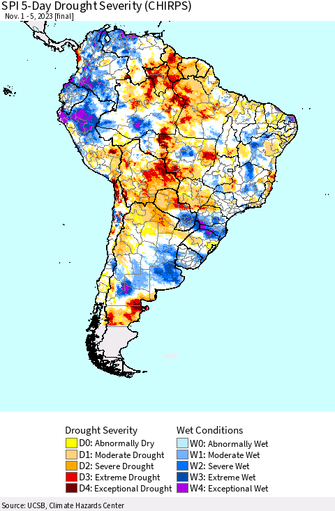 South America SPI 5-Day Drought Severity (CHIRPS) Thematic Map For 11/1/2023 - 11/5/2023