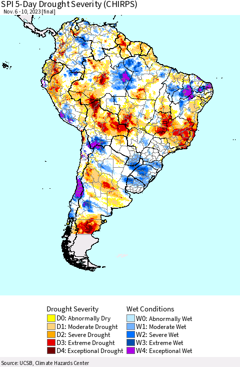 South America SPI 5-Day Drought Severity (CHIRPS) Thematic Map For 11/6/2023 - 11/10/2023