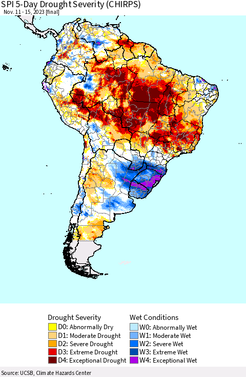 South America SPI 5-Day Drought Severity (CHIRPS) Thematic Map For 11/11/2023 - 11/15/2023