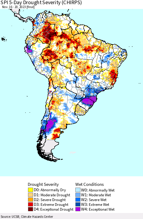 South America SPI 5-Day Drought Severity (CHIRPS) Thematic Map For 11/16/2023 - 11/20/2023