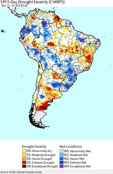 South America SPI 5-Day Drought Severity (CHIRPS) Thematic Map For 11/21/2023 - 11/25/2023