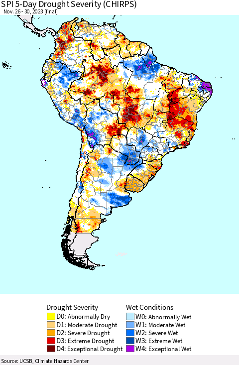 South America SPI 5-Day Drought Severity (CHIRPS) Thematic Map For 11/26/2023 - 11/30/2023