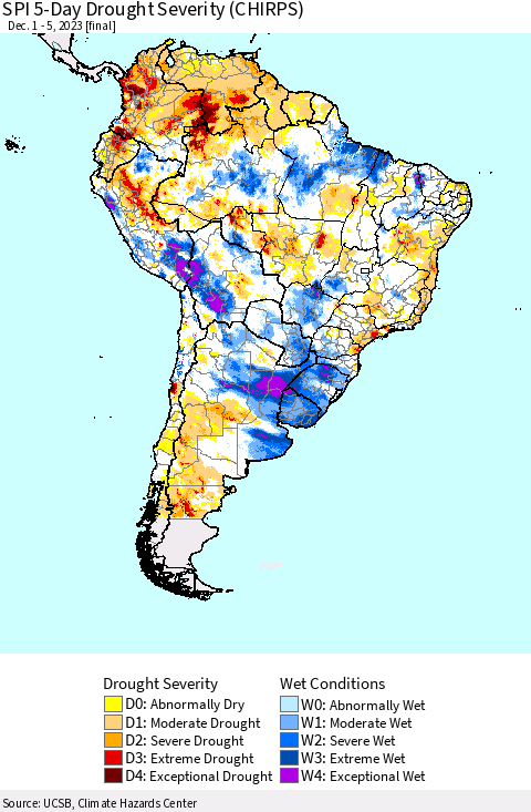 South America SPI 5-Day Drought Severity (CHIRPS) Thematic Map For 12/1/2023 - 12/5/2023