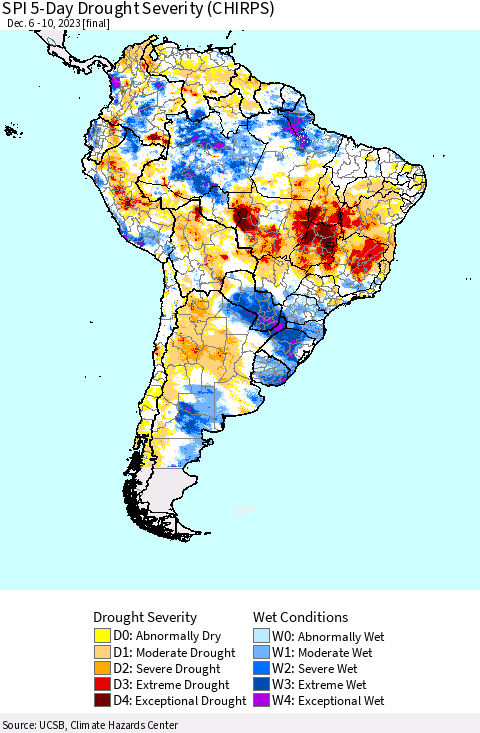 South America SPI 5-Day Drought Severity (CHIRPS) Thematic Map For 12/6/2023 - 12/10/2023
