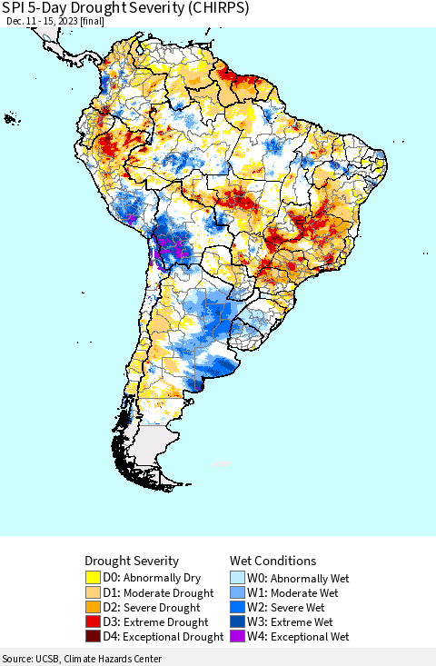 South America SPI 5-Day Drought Severity (CHIRPS) Thematic Map For 12/11/2023 - 12/15/2023