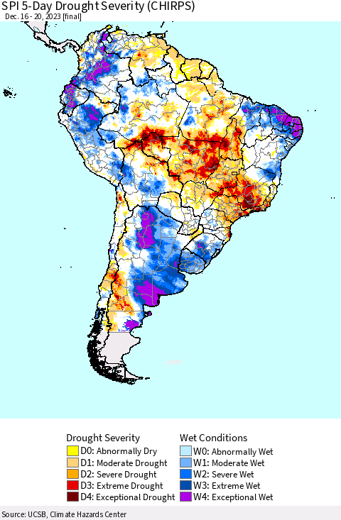 South America SPI 5-Day Drought Severity (CHIRPS) Thematic Map For 12/16/2023 - 12/20/2023