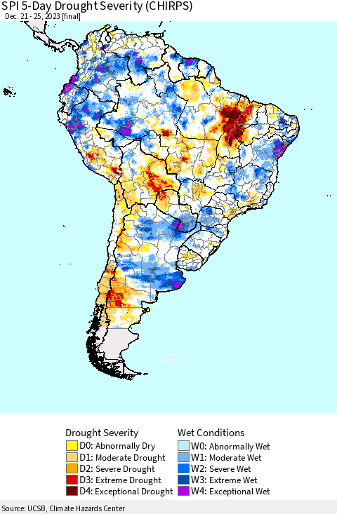 South America SPI 5-Day Drought Severity (CHIRPS) Thematic Map For 12/21/2023 - 12/25/2023